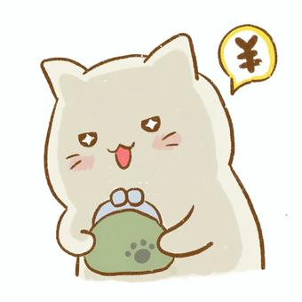 財布を持ってニヤリと笑う白い猫のイラスト 猫,お金,財布,ニヤリ,笑う,貯金,お小遣い,買い物,家計,節約のイラスト素材