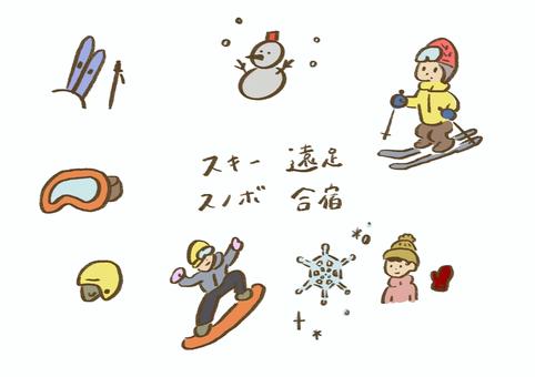 手描きのスキーとスノボ素材 スキー,スノボ,合宿,冬,雪,雪だるま,スノーボード,スキーヤー,ゴーグル,ヘルメットのイラスト素材