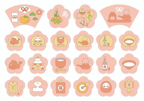 かわいいお正月シンプルアイコン-梅型 かわいいお正月シンプルアイコン-梅型 冬,お正月,縁起物,寿,福,お年玉,扇子,みかん,松,竹のイラスト素材