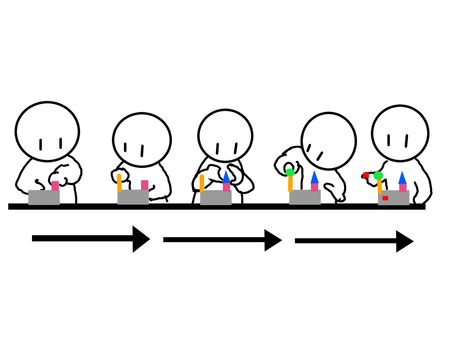 ベルトコンベアーの流れ作業 ベルトコンベアー,流れ作業,効率的,ライン生産,大量生産,組み立て,チームワーク,分担作業,工場,人物のイラスト素材