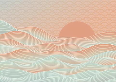 波と日の出、花青海波のベクターイラスト 波,和柄,パターン,和風,日本,モダン,青,日本画,伝統,デザインのイラスト素材