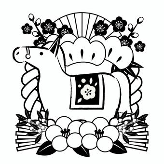 zodiac2685 馬,午年,しめ飾り,梅,椿,扇,松,2026年,年賀状,花のイラスト素材