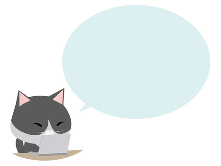 PCを操作するはちわれ猫（丸い吹き出し） ノートパソコン,猫,はちわれ,動物,かわいい,pc,吹き出しのイラスト素材