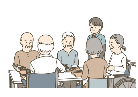 介護施設で食事をする高齢者と介護士 食事,高齢者,シニア,お年寄り,大人数,集団,談笑,介護士,ホームヘルパー,施設のイラスト素材
