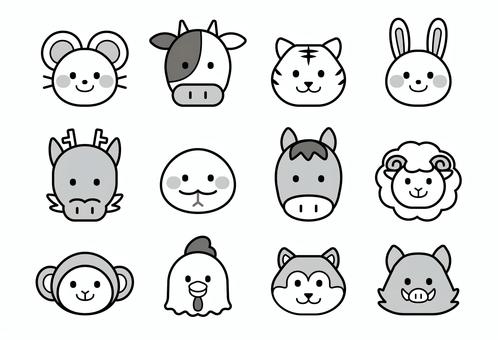 十二支のアイコン一覧　モノクロ 十二支,干支,動物,正面,顔,アイコン,一覧,セット,子,ねずみのイラスト素材