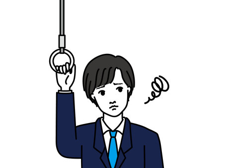 困った顔でつり革につかまる会社員 つり革,困る,悩む,モヤモヤ,サラリーマン,電車,スーツのイラスト素材