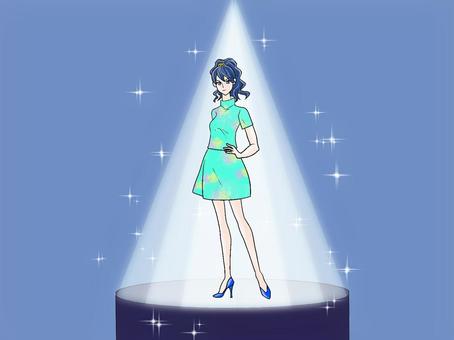ステージに立つモデル モデル,ステージ,スポットライト,女性,美人,お立ち台,台,立つ,美女,スタイル抜群のイラスト素材