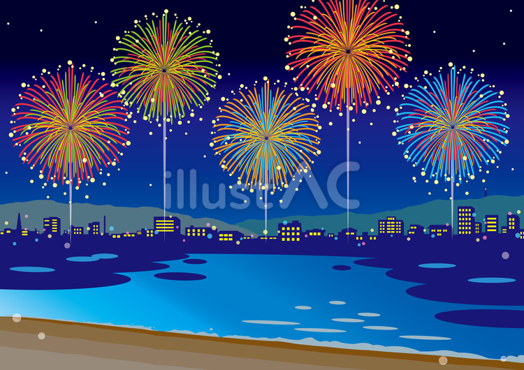 街並みと打ち上げ花火01_25 夏祭り,花火,はなびのイラスト素材