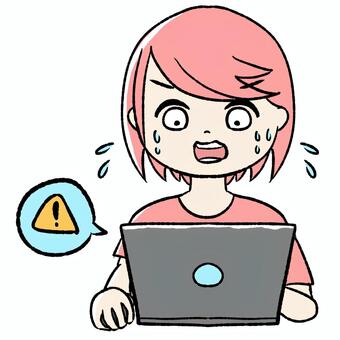 桃色の女の子がパソコンエラーで驚いている ピンク,手描き,ピンク髪,女の子,かわいい,パソコン,ノートパソコン,パソコン作業,エラー,システムエラーのイラスト素材
