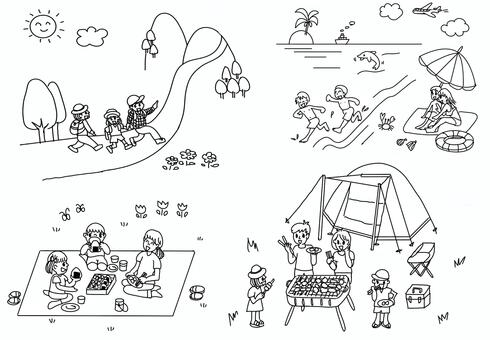 ゴールデンウイーク gw,ゴールデンウィーク,ハイキング,ピクニック,バーベキュー,キャンプ,海水浴,バカンス,家族サービス,連休のイラスト素材