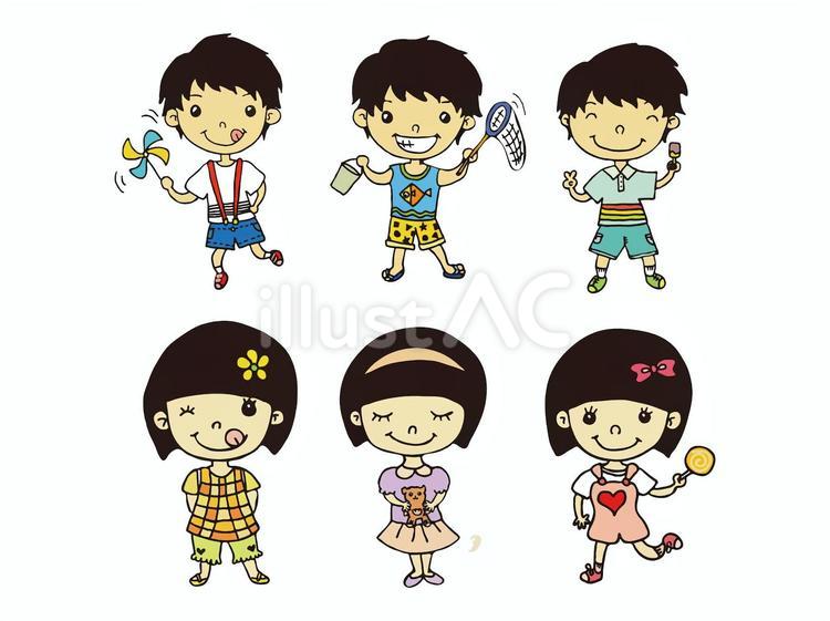 楽しく遊ぶ男の子と女の子の手描きイラスト集。夏。 人物,かわいい,可愛いのイラスト素材