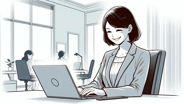 オフィスの自席で笑う女性