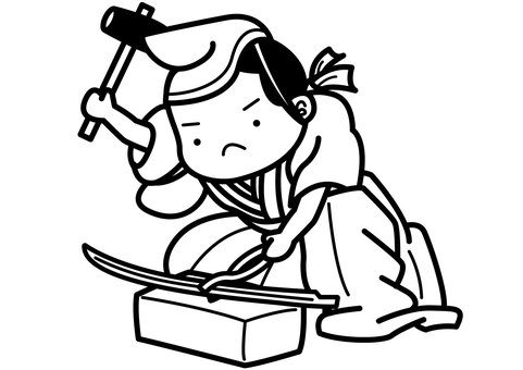 刀鍛冶-1c 刀鍛冶,鍛冶,職人,刀,刀剣,金槌,金鋏,石,台,烏帽子のイラスト素材