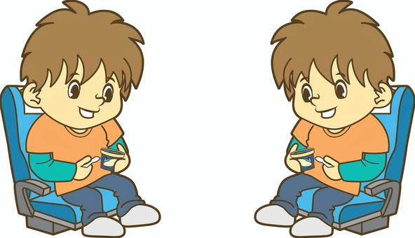 車内でアイスクリームを食べる男性 男性,アイスクリーム,アイス,カップアイス,おやつ,食べる,電車,列車,車内,シートのイラスト素材