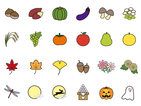 秋のアイコンセット　9月10月（カラー） アイコン,秋,9月,10月,果物,紅葉,花,月,月見,ハロウィンのイラスト素材