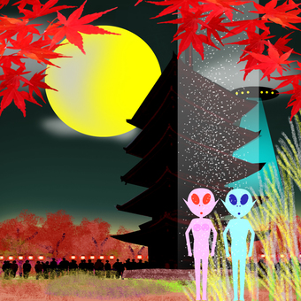 秋、月と古都と宇宙人。 秋,古都,月,五重塔,宇宙人のイラスト素材