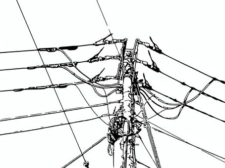 漫画風素材　電柱と電線 電柱,線画,コミック,漫画風線画,白黒線画,電柱イラスト,電線,配電線,街中の電柱,電力インフラのイラスト素材