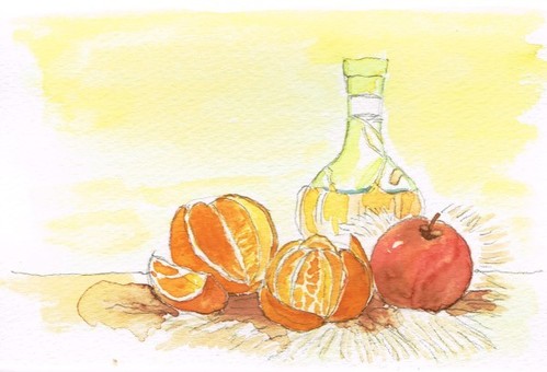 Illustration, mandarin orange, apple, wine bottle, 