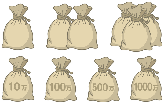 ドル袋　セット ドル袋,コインバッグ,10万,100万,500万,1000万,ドル,円,日本円,ウォンのイラスト素材