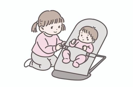 赤ちゃんをあやす女の子（泣き顔） きょうだい,女の子,子ども,赤ちゃん,乳児,幼児,バウンサー,面倒を見る,子育て,親子関係のイラスト素材