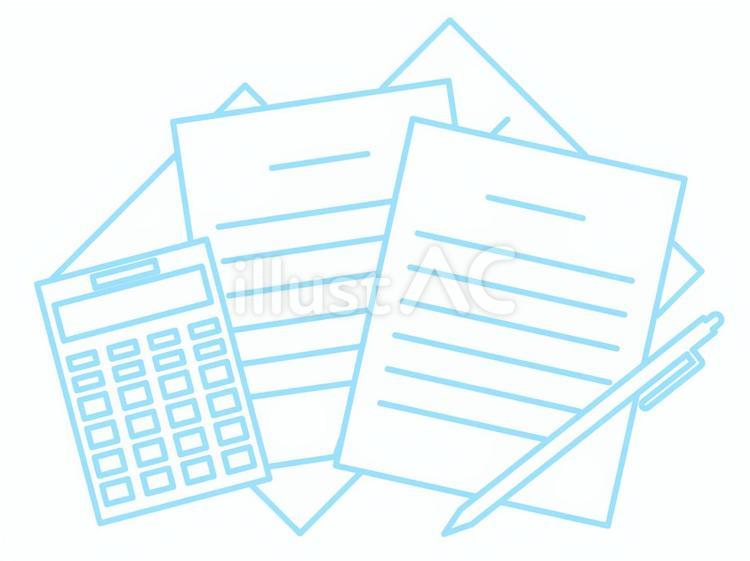 水色の散らばった書類と電卓とペン 書類,散らばる,電卓のイラスト素材