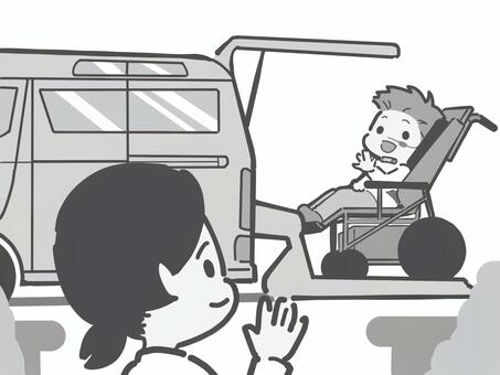 医療的ケア児の送り迎え　モノクロ 幼稚園,保育園,子供,医療的ケア児,車いすのイラスト素材