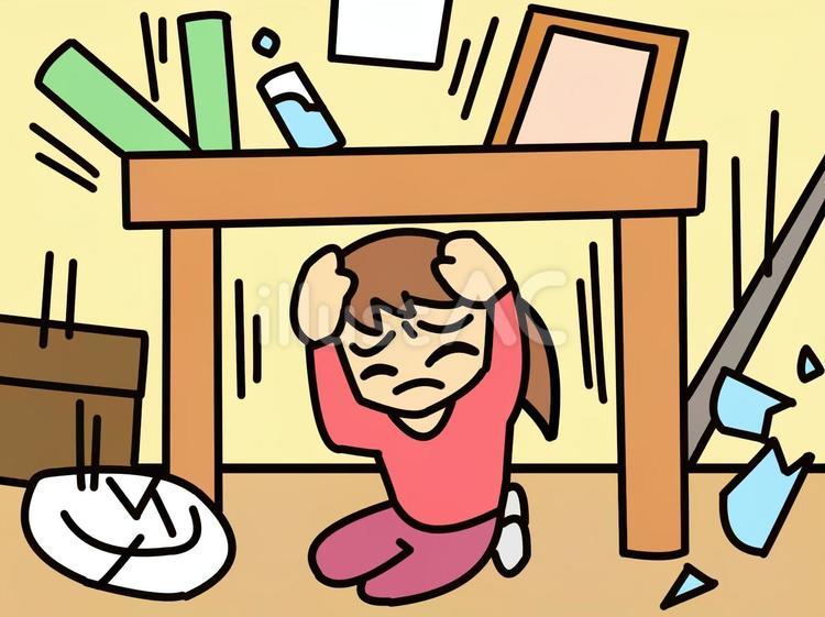 地震　机の下女性 地震,災害,避難のイラスト素材