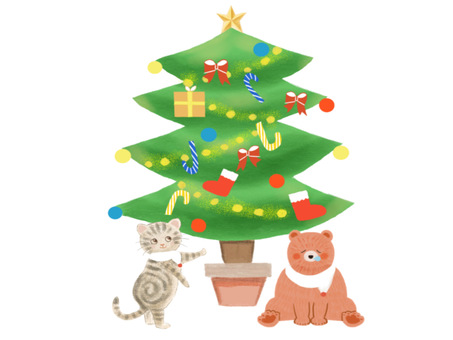 クリスマスツリー クリスマス,クリスマスツリー,もみの木,木,植物,猫,くま,可愛いのイラスト素材