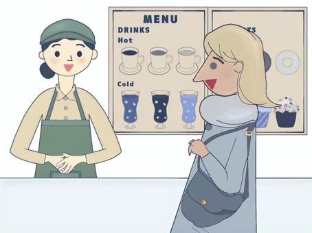 カフェで注文を受ける店員4 カフェ店員,人物,接客,おしゃれ,帽子,エプロン,バリスタ,サービス業,制服,ブラウスのイラスト素材