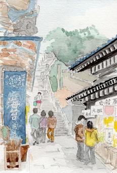 江の島の店先 江の島,神奈川県,藤沢市,湘南,観光地,土産店,土産物,観光客,カップル,階段のイラスト素材