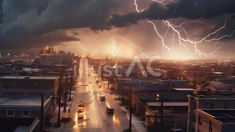 稲妻が走った都市 雨,雷,災害のイラスト素材
