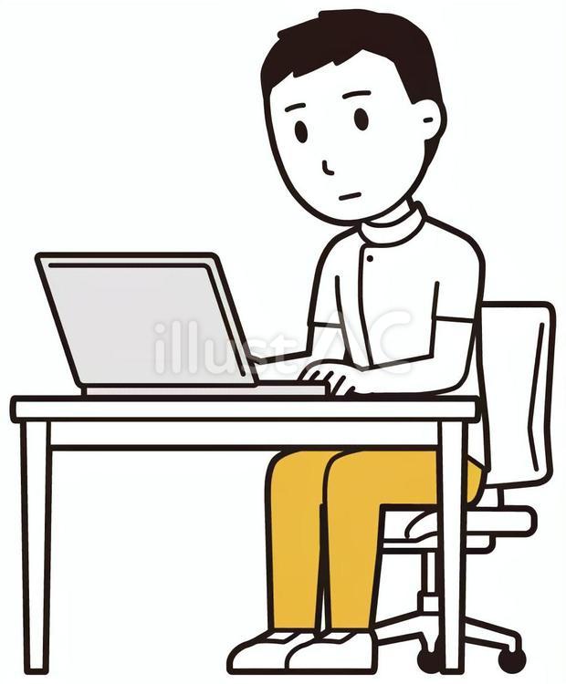  理学療法士男(黄)-056-全身 パソコン,理学療法士,整体師のイラスト素材