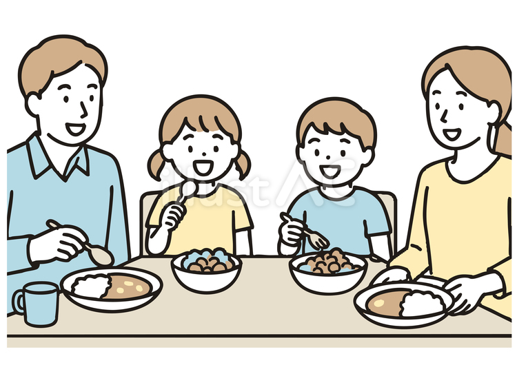 家族で食卓を囲んで食事を楽しむシーン 家族,食事,夕食のイラスト素材