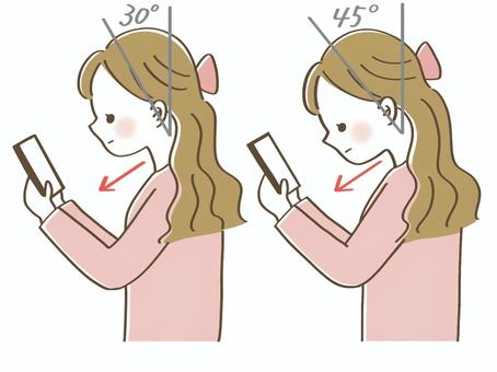 スマホ首　軽度　重度　比較 女の子,女性,人物,ゆるい,手書き,挿絵,スマホ首,ストレートネック,現代病,横向きのイラスト素材