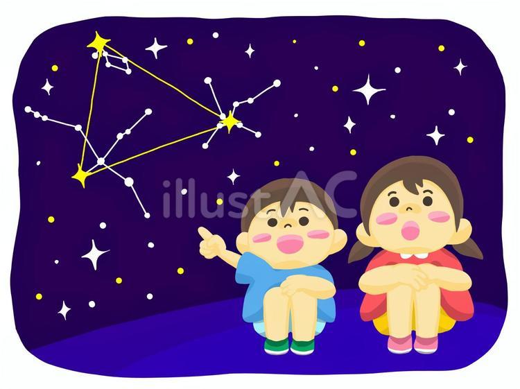 夏の夜空を見る男の子・女の子 人物,男の子,女の子のイラスト素材
