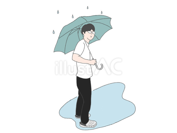 雨の中傘を刺している男性の手書きイラスト アイコン,線画,手描きのイラスト素材