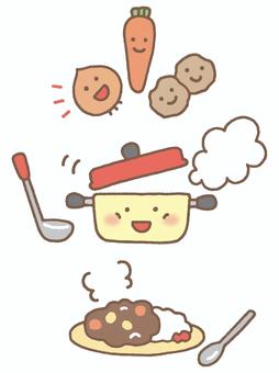 カレーライスが出来るまで カレーライス,鍋,おたま,湯気,ふた,野菜,玉ねぎ,にんじん,じゃがいも,馬鈴薯のイラスト素材