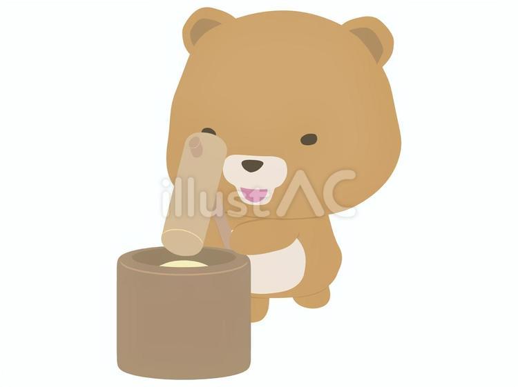 餅つきをする笑顔の茶色い熊 餅つき,クマ,笑顔のイラスト素材