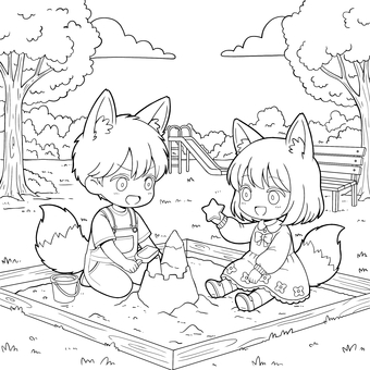 公園で遊ぶ2人 人物,塗り絵,ぬり絵,線画,白黒,手書き,ぬりえ,全体,男の子,女の子のイラスト素材