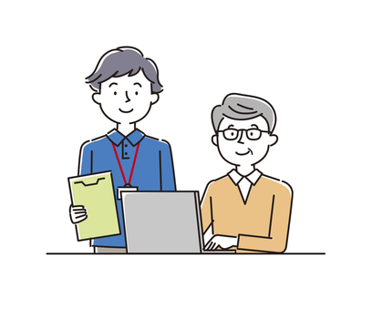パソコンを習うシニア男性 シニア,パソコン,男性,パソコン教室,スクール,学ぶ,習う,教える,講師,笑顔のイラスト素材