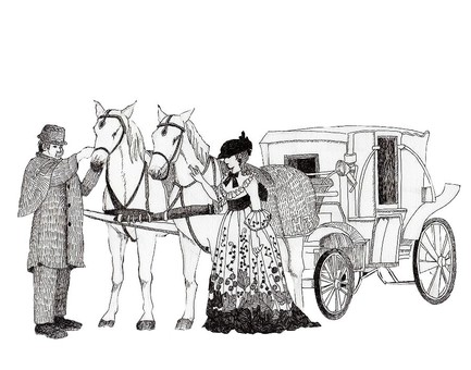 Hand-painted pen drawing carriage, coachman and lady white, JPG Hand-painted pen drawing carriage, coachman and lady white, carriage, yu who, lady, JPG