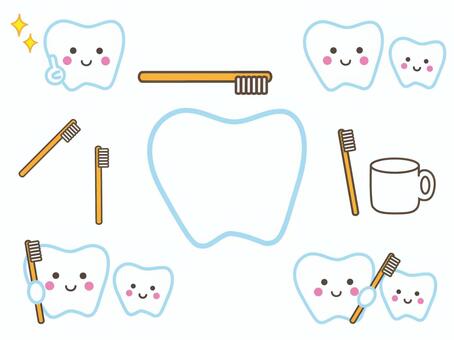歯磨きと歯の親子のセット 歯磨き,磨く,歯,親子,乳歯,永久歯,ハブラシ,コップ,キラキラ,ポイントのイラスト素材