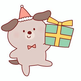 クリスマスプレゼントを持った犬 クリスマス,プレゼント,犬,動物,サンタ,帽子,線画,可愛い,ゆるい,手描きのイラスト素材