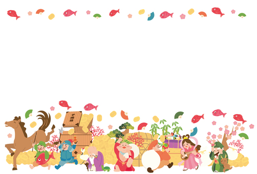 2025七福神船フレーム④ 年賀状,令和8年,2026年,馬,午,神様,七福神,恵比寿,毘沙門天,鶴のイラスト素材