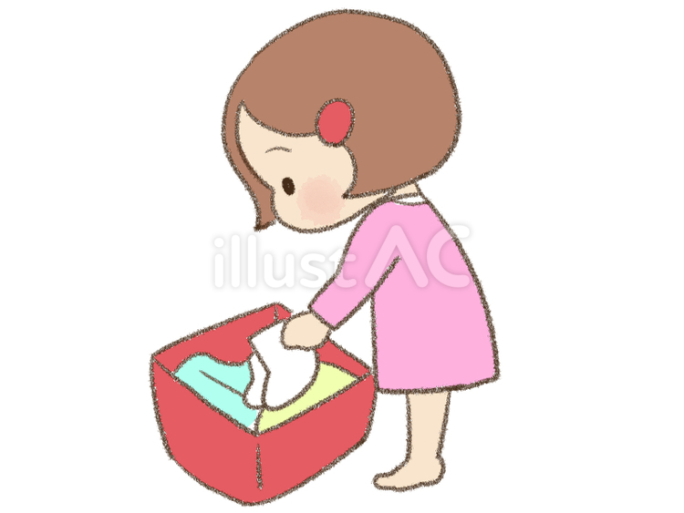 洗濯物を洗濯かごにいれる女の子 視覚支援,お支度ボード,絵カードのイラスト素材