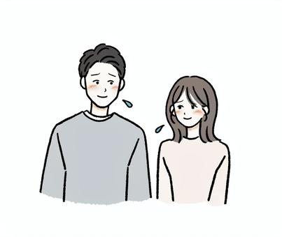 気まずい・恥ずかしい雰囲気の男性と女性 気まずい,苦笑,苦笑い,愛想笑い,困る,困り顔,カップル,男性,女性,夫婦のイラスト素材