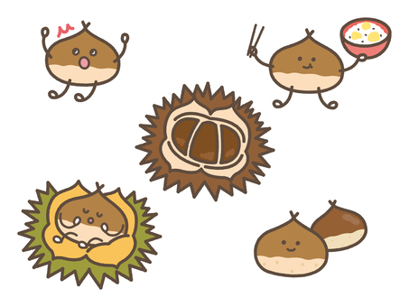 栗のキャラクターセット_線あり 栗,木の実,秋,食べ物,キャラクター,マスコット,デフォルメ,ゆるキャラ,栗ご飯,笑顔のイラスト素材