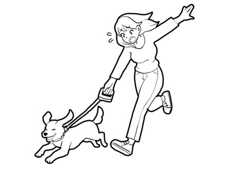 【白黒】急にワンちゃんが【線画】 犬,散歩,リード,急発進,危ない,飼い主,ペット,女性,白黒,線画のイラスト素材