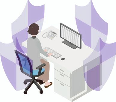 アイソメトリック_働く人⑥-８ アイソメトリック,オフィス,女性,会社員,盾,オフィスワーク,働く,仕事,アイソメ,立体のイラスト素材