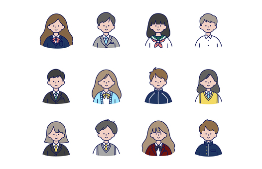 さまざまな学生の顔アイコンセット さまざまな学生の顔アイコンセット 人物,顔,アイコン,上半身,学生,高校生,中学生,若者,男女,笑顔のイラスト素材